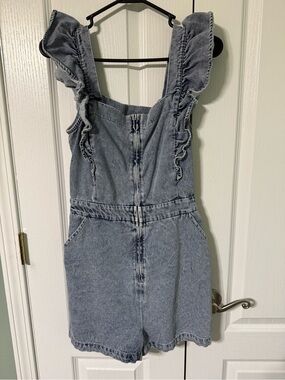 Denim Ruffle-Strap Romper in Light Blue